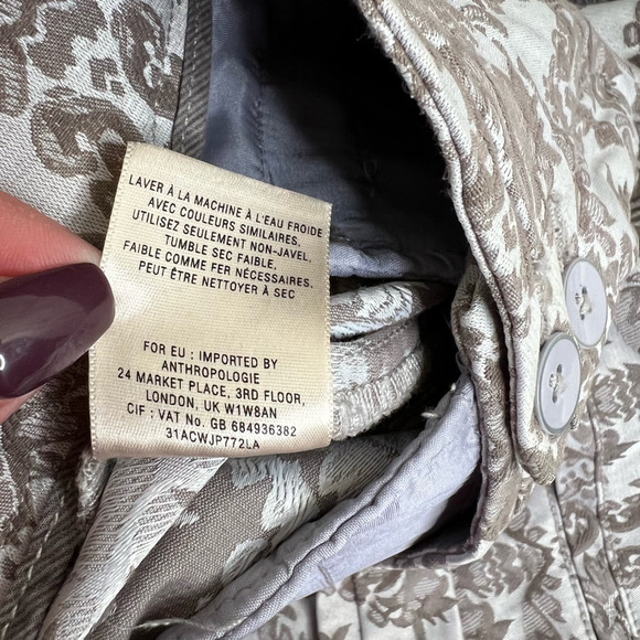 Anthropologie Cartonnier Womens Charlie Ankle Pants Ivory Brown Damask Stretch 0 - Picture 6 of 9